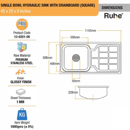 Single Bowl with Drainboard Kitchen Sink (45 x 20 x 9 Inches)(Dimensions)