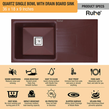 Quartz Single Bowl with Drainboard Kitchen Sink (36 x 18 x 9 Inches)