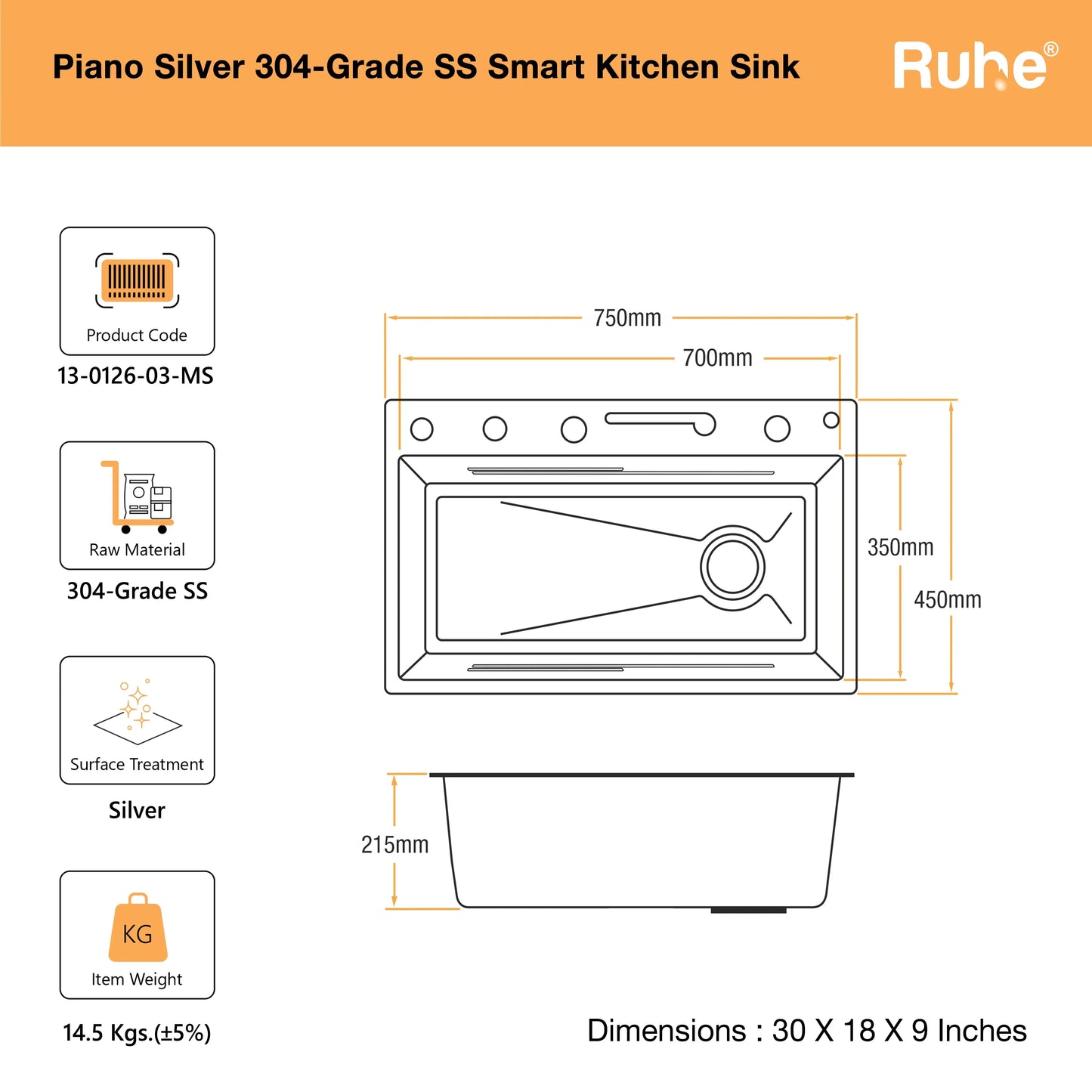 Piano Silver Smart Kitchen Sink (30 x 18 x 9 Inches) Dimensions