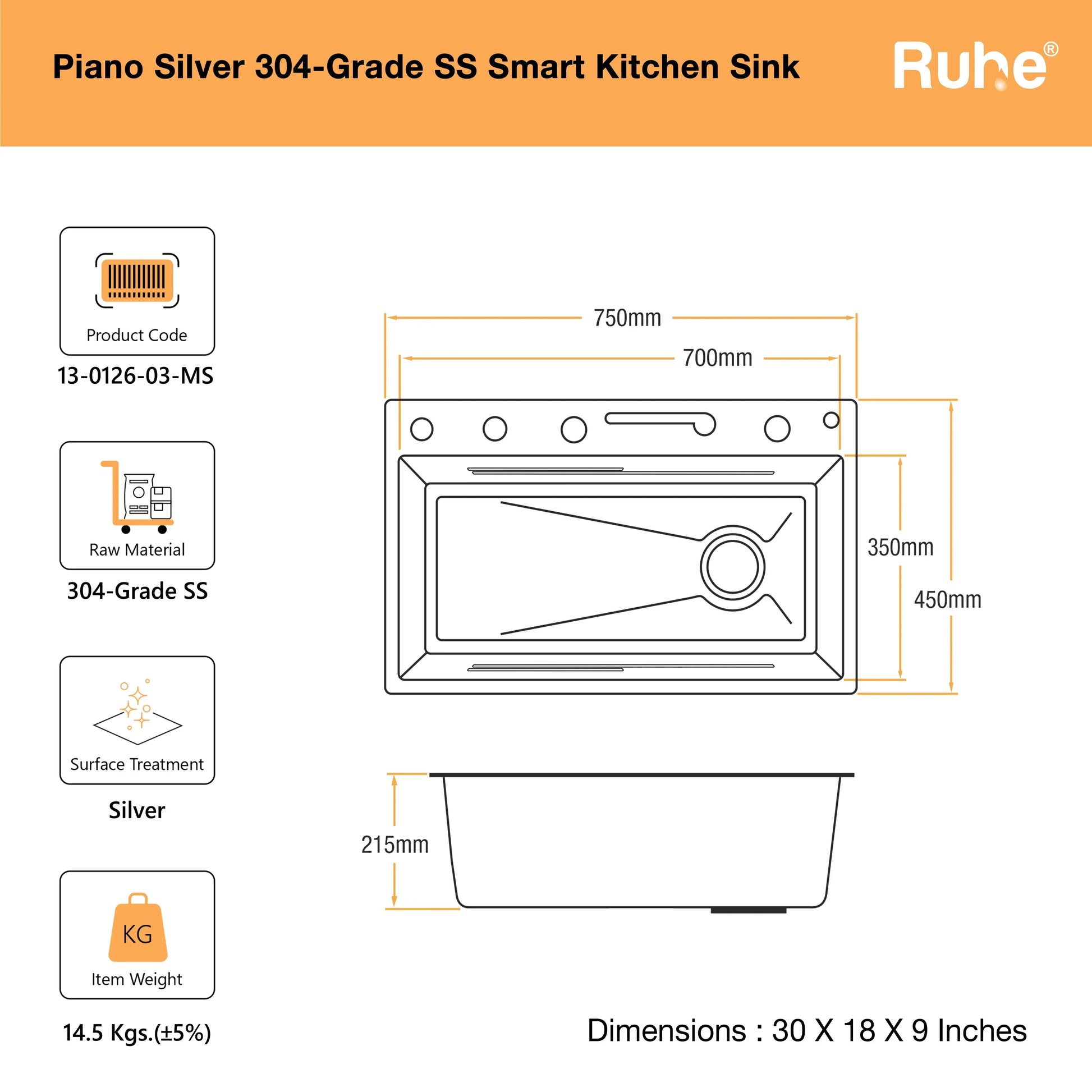 Piano Silver Smart Kitchen Sink (30 x 18 x 9 Inches) Dimensions