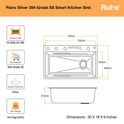 Piano Silver Smart Kitchen Sink (30 x 18 x 9 Inches) Dimensions