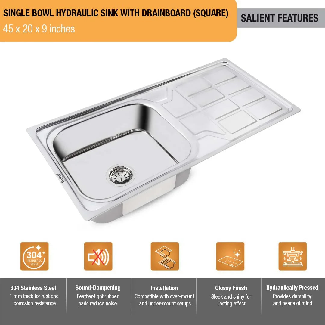 Single Bowl with Drainboard Kitchen Sink (45 x 20 x 9 Inches)(Salient Features)