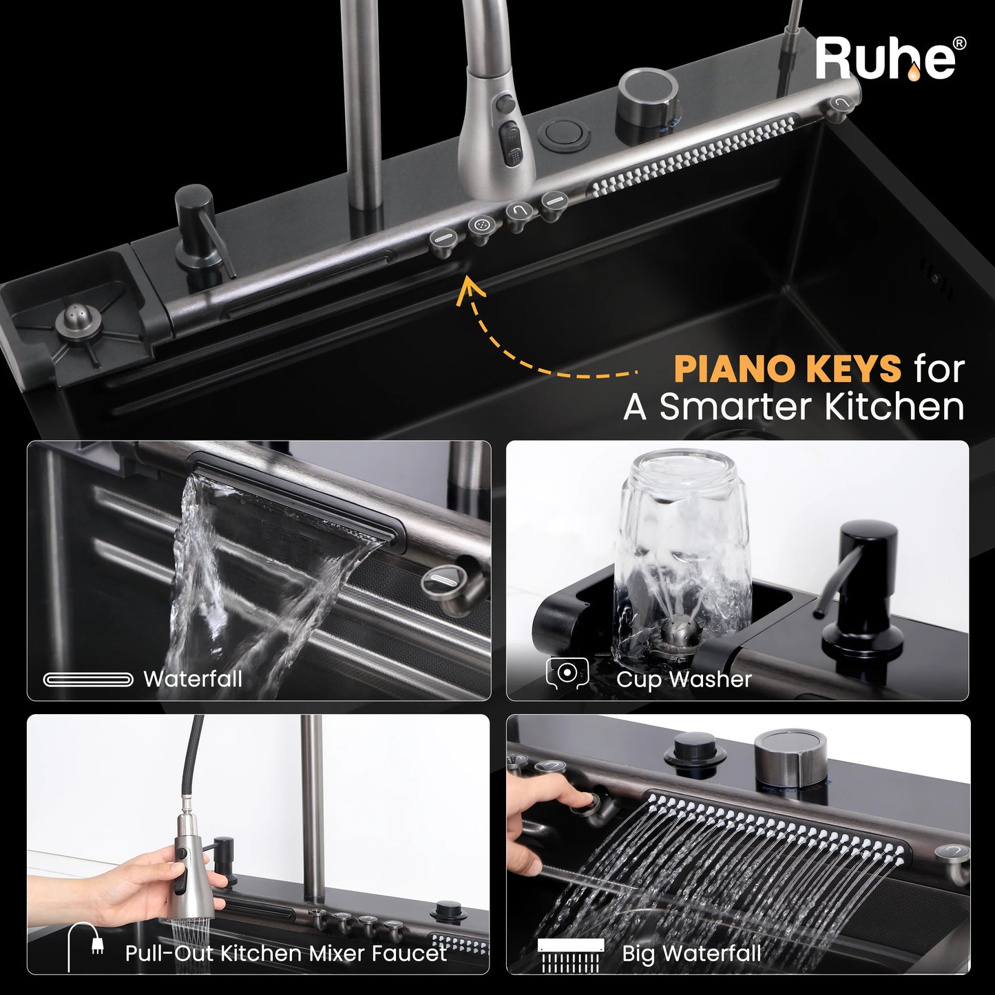 Opera Smart Kitchen Sink (30 x 18 x 9 Inches) With Piano Keys