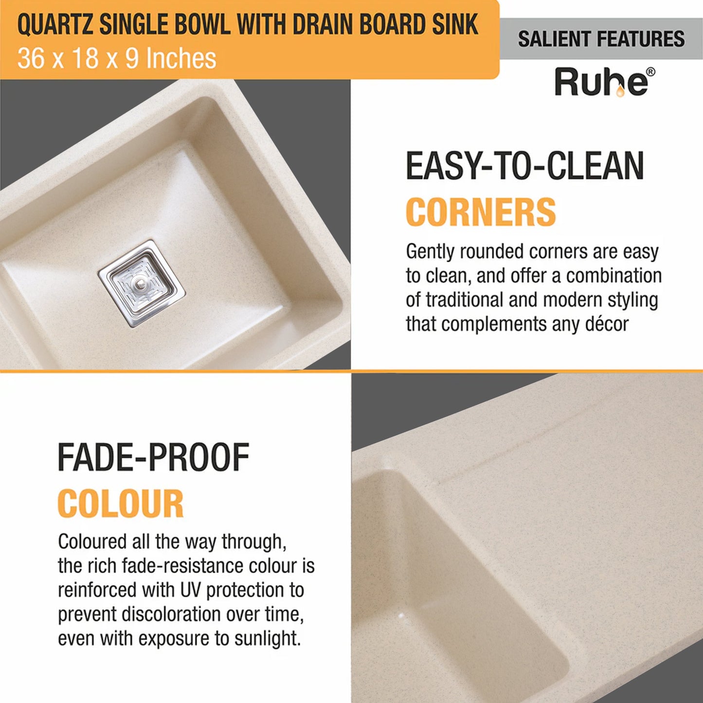 Quartz Single Bowl with Drainboard Kitchen Sink (36 x 18 x 9 Inches)