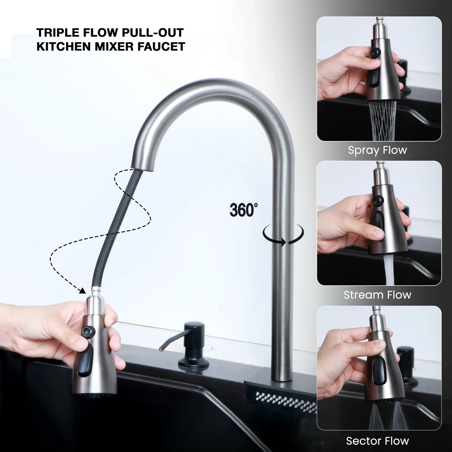 Nano Smart Kitchen Sink (30 x 18 x 9 Inches) With Triple Flow Mixer