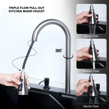 Nano Smart Kitchen Sink (30 x 18 x 9 Inches) With Triple Flow Mixer