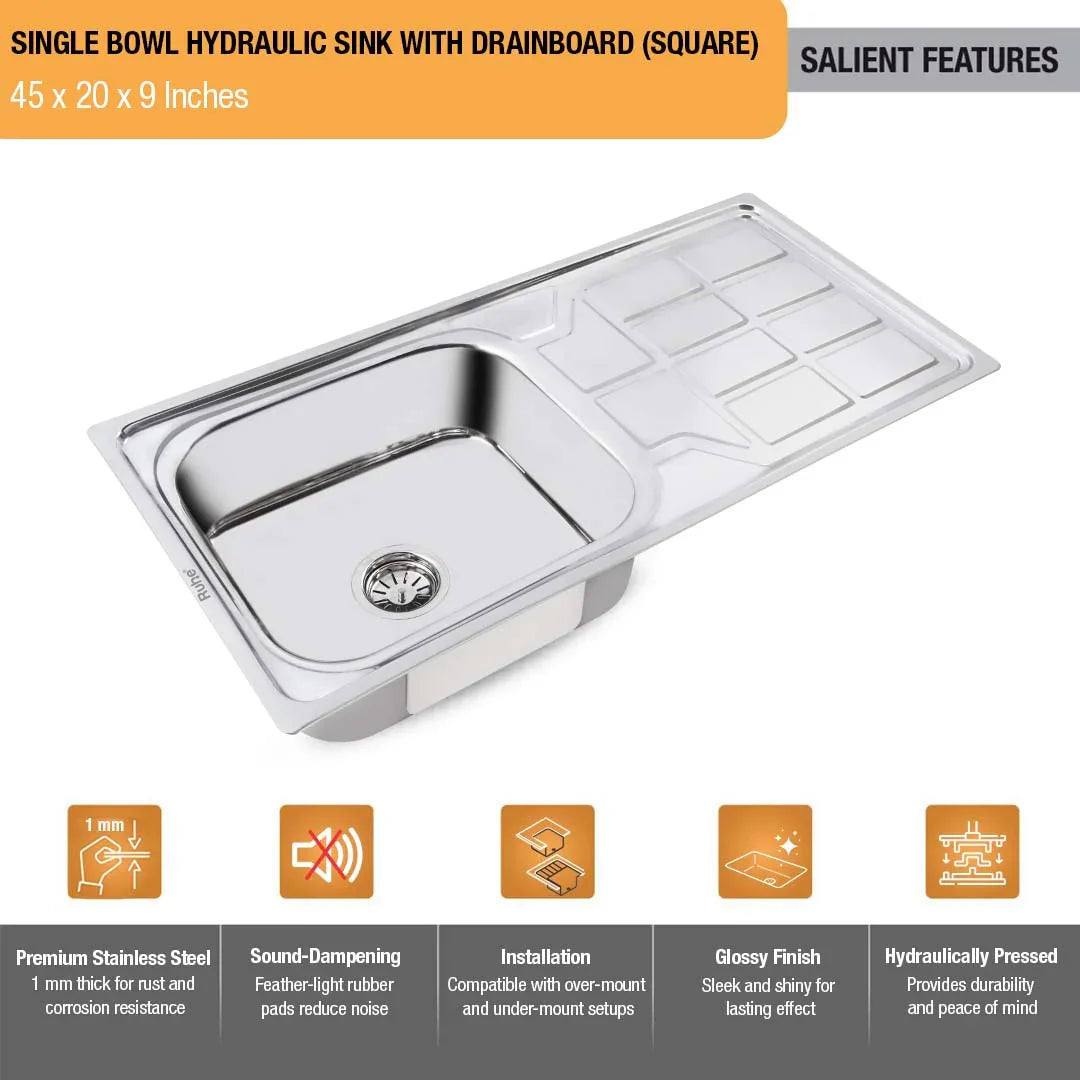 Single Bowl with Drainboard Kitchen Sink (45 x 20 x 9 Inches)(Salient Features)
