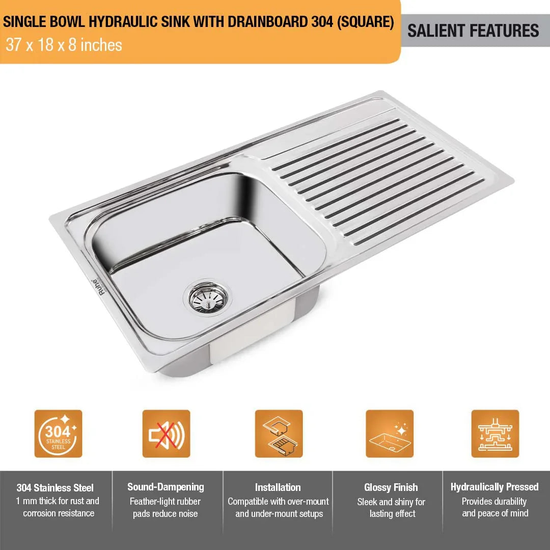 Single Bowl with Drainboard Kitchen Sink (37 x 18 x 8 Inches)(Salient Features)