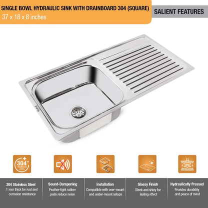 Single Bowl with Drainboard Kitchen Sink (37 x 18 x 8 Inches)(Salient Features)