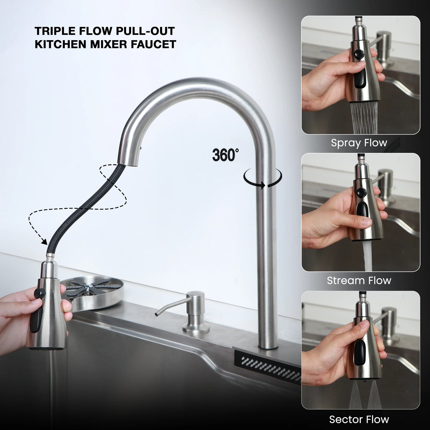 Nano Silver Smart Kitchen Sink (30 x 18 x 9 Inches) With Triple Flow Mixer