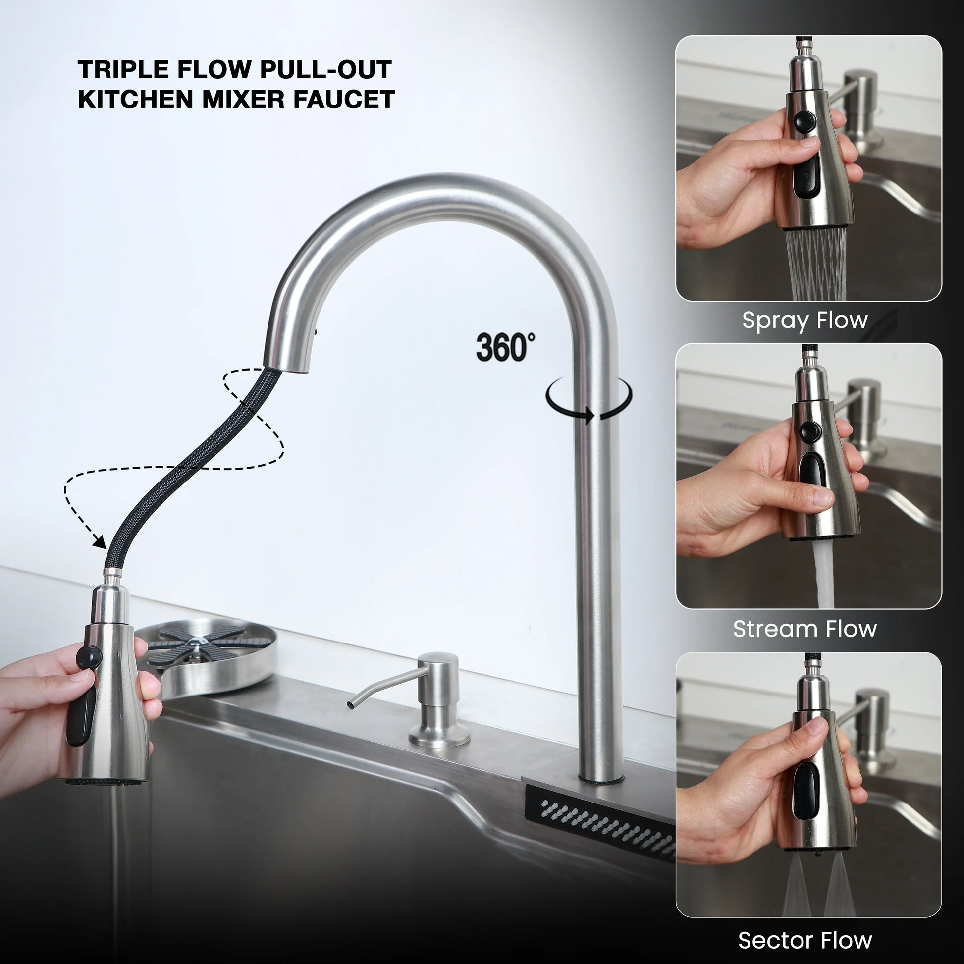 Nano Silver Smart Kitchen Sink (30 x 18 x 9 Inches) With Triple Flow Mixer