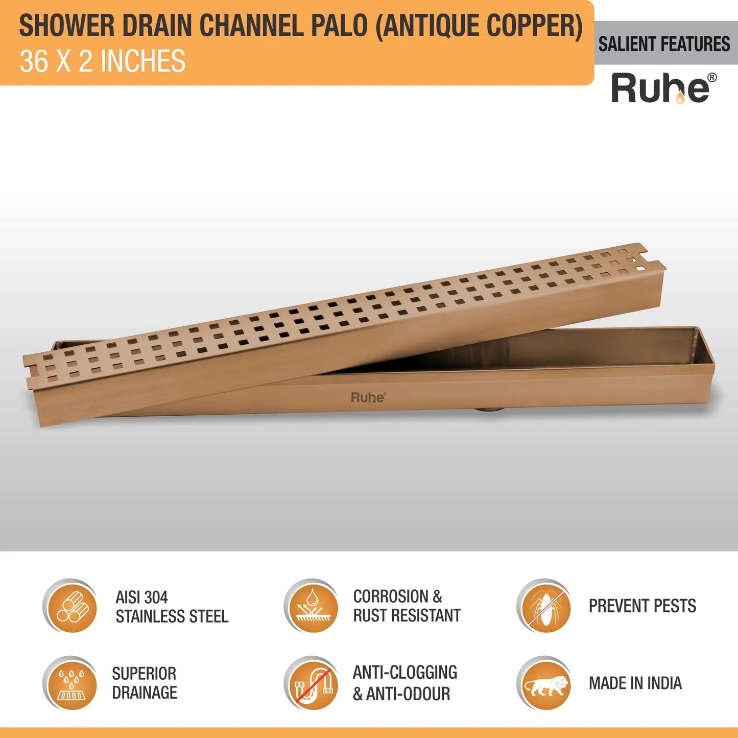 Palo Shower Drain Channel (36 x 2 Inches) Antique Copper PVD Coated - by Ruhe