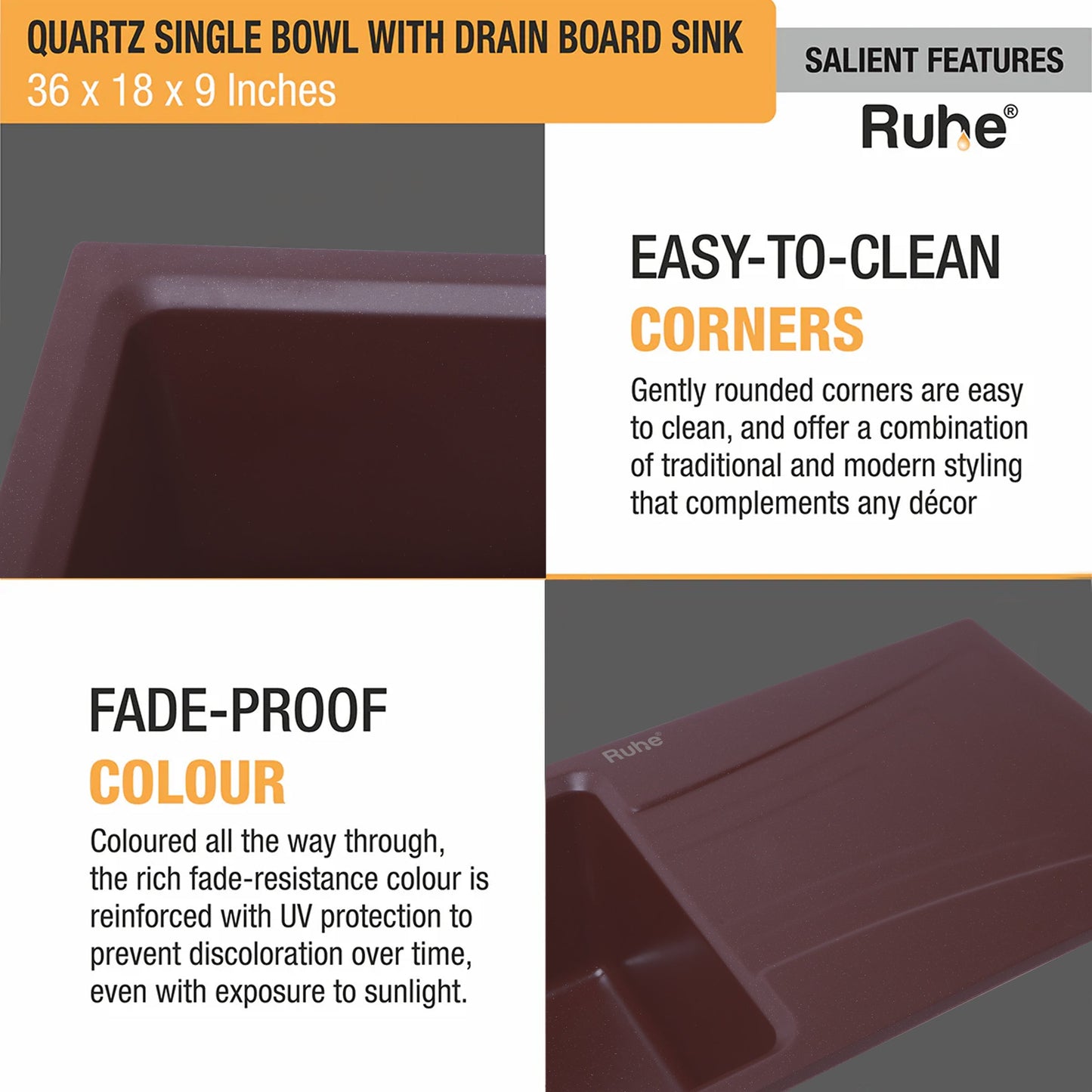 Quartz Single Bowl with Drainboard Kitchen Sink (36 x 18 x 9 Inches)