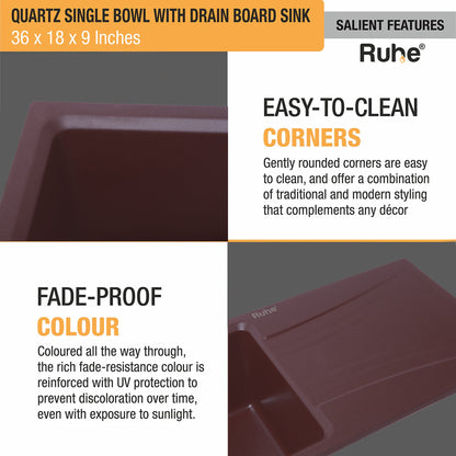 Quartz Single Bowl with Drainboard Kitchen Sink (36 x 18 x 9 Inches)