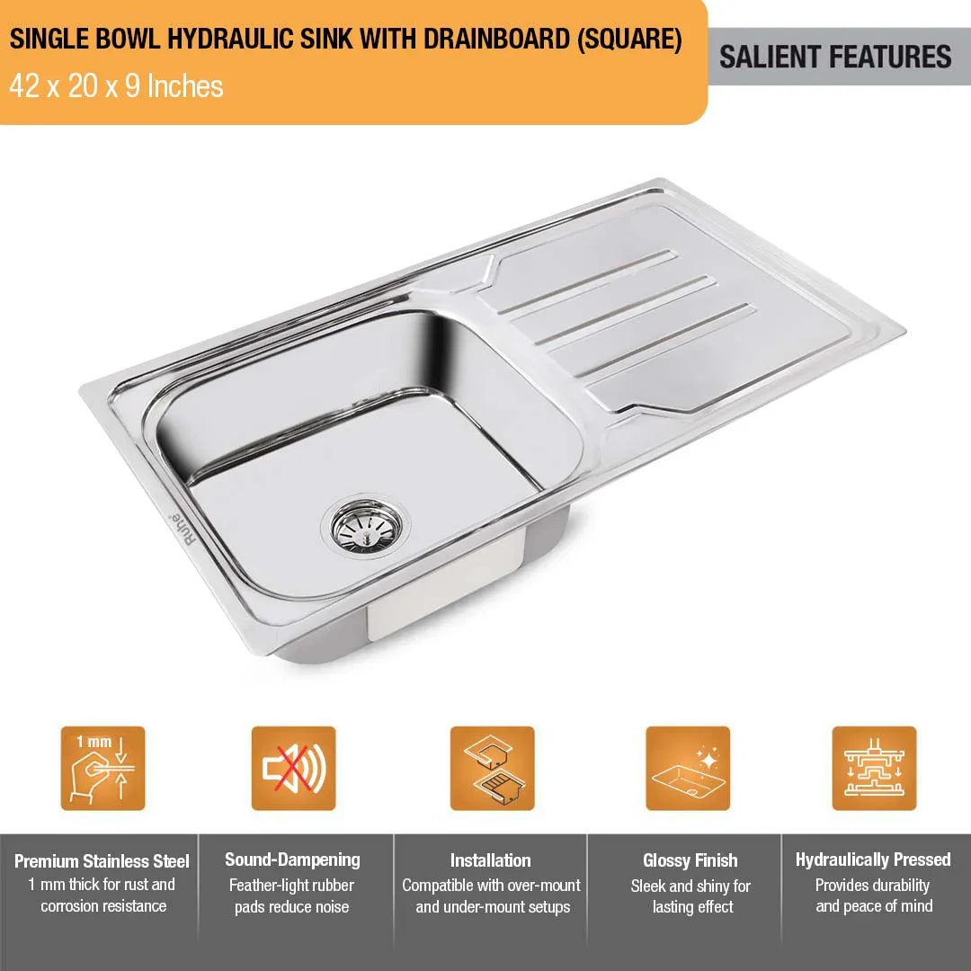 Single Bowl with Drainboard Kitchen Sink (42 x 20 x 9 Inches)(Salient Features)