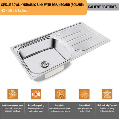 Single Bowl with Drainboard Kitchen Sink (42 x 20 x 9 Inches)(Salient Features)
