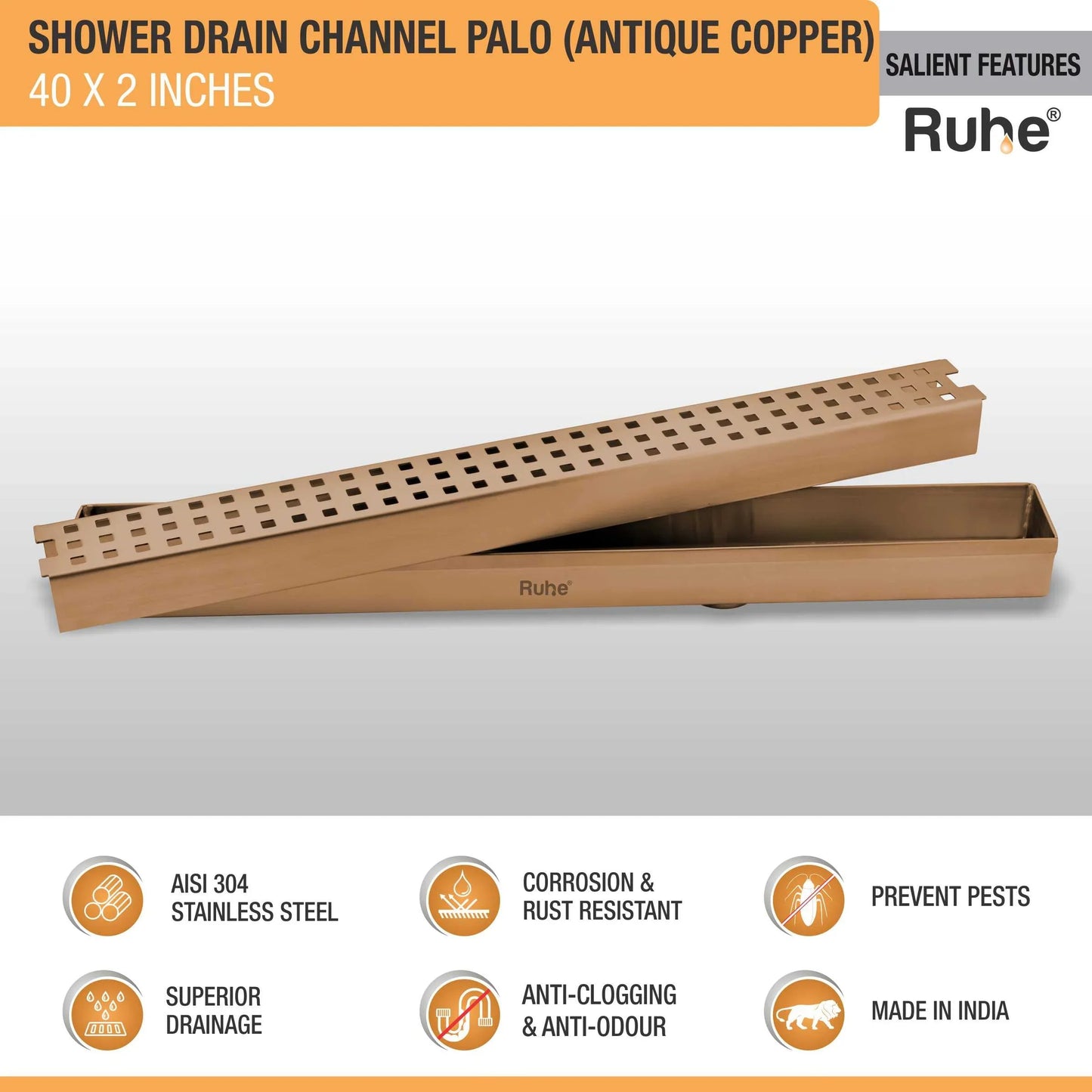 Palo Shower Drain Channel (40 x 2 Inches) Antique Copper PVD Coated - by Ruhe