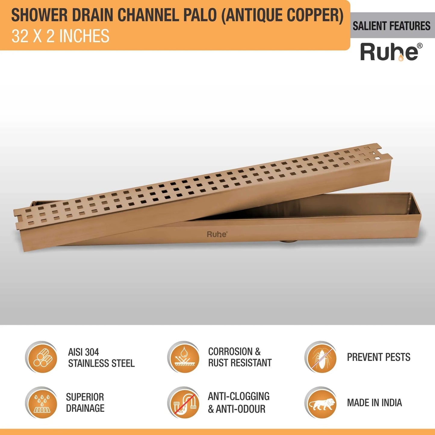 Palo Shower Drain Channel (32 x 2 Inches) Antique Copper PVD Coated - by Ruhe