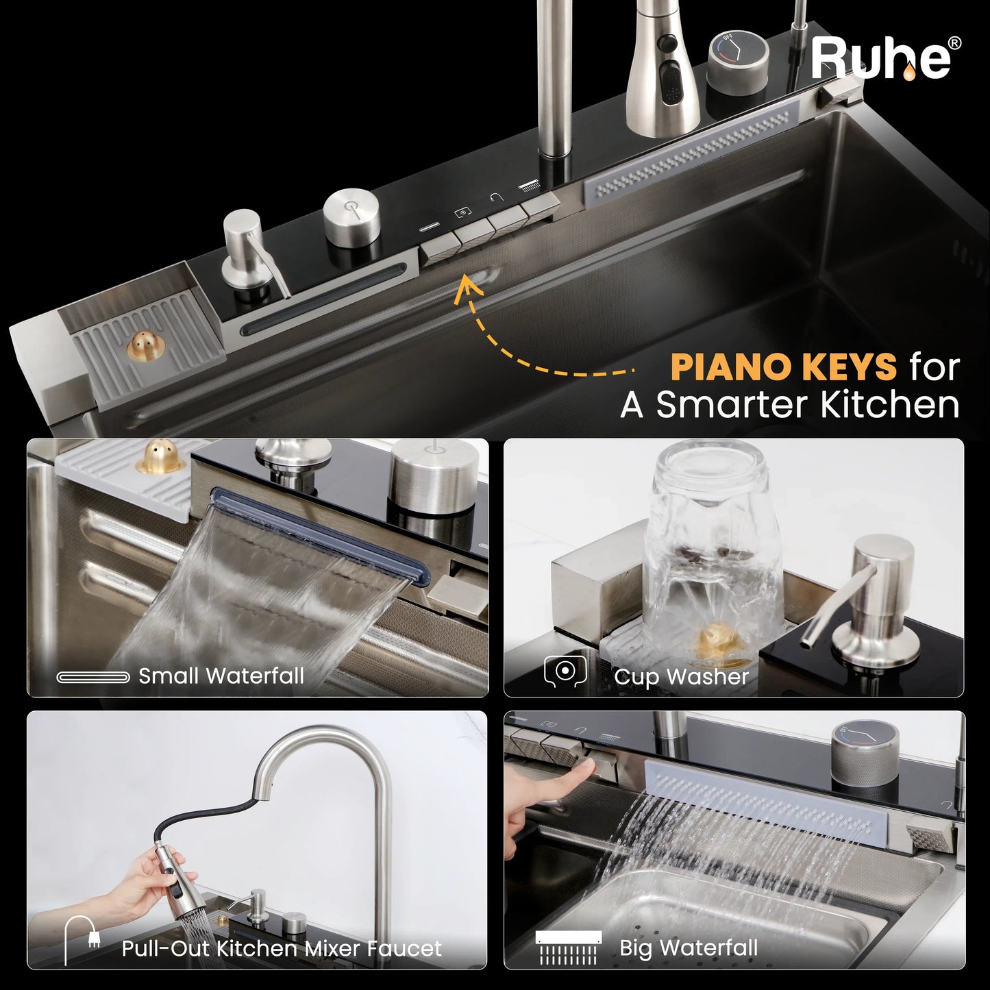 Piano Silver Smart Kitchen Sink (30 x 18 x 9 Inches) With Piano Keys