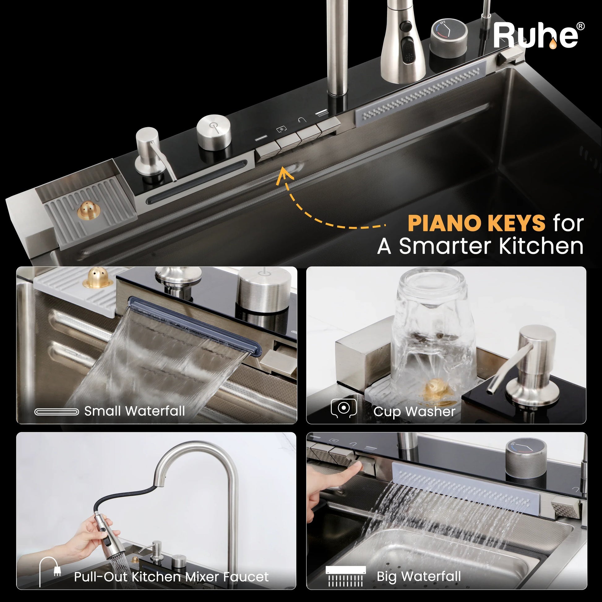 Piano Silver Smart Kitchen Sink (30 x 18 x 9 Inches) With Piano Keys