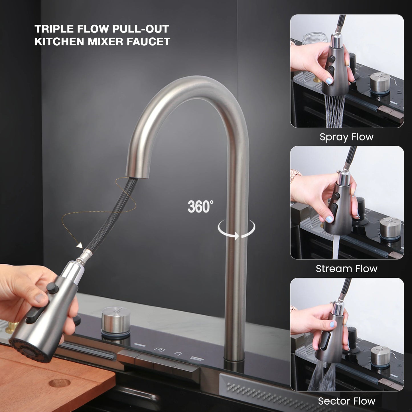 Piano Smart Kitchen Sink (30 x 18 x 9 Inches) With Triple Flow Mixer