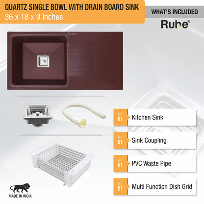 Quartz Single Bowl with Drainboard Kitchen Sink (36 x 18 x 9 Inches)