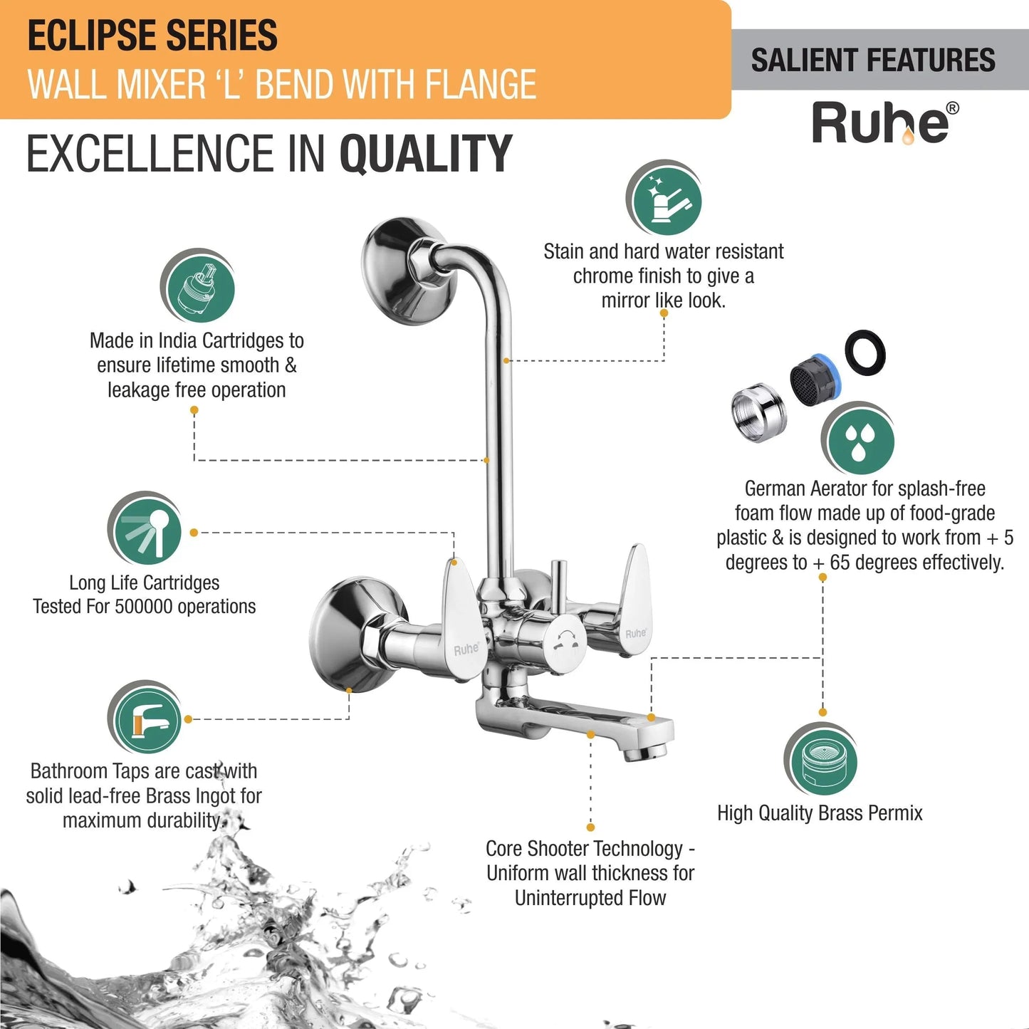 Eclipse Wall Mixer Brass Faucet with L Bend features