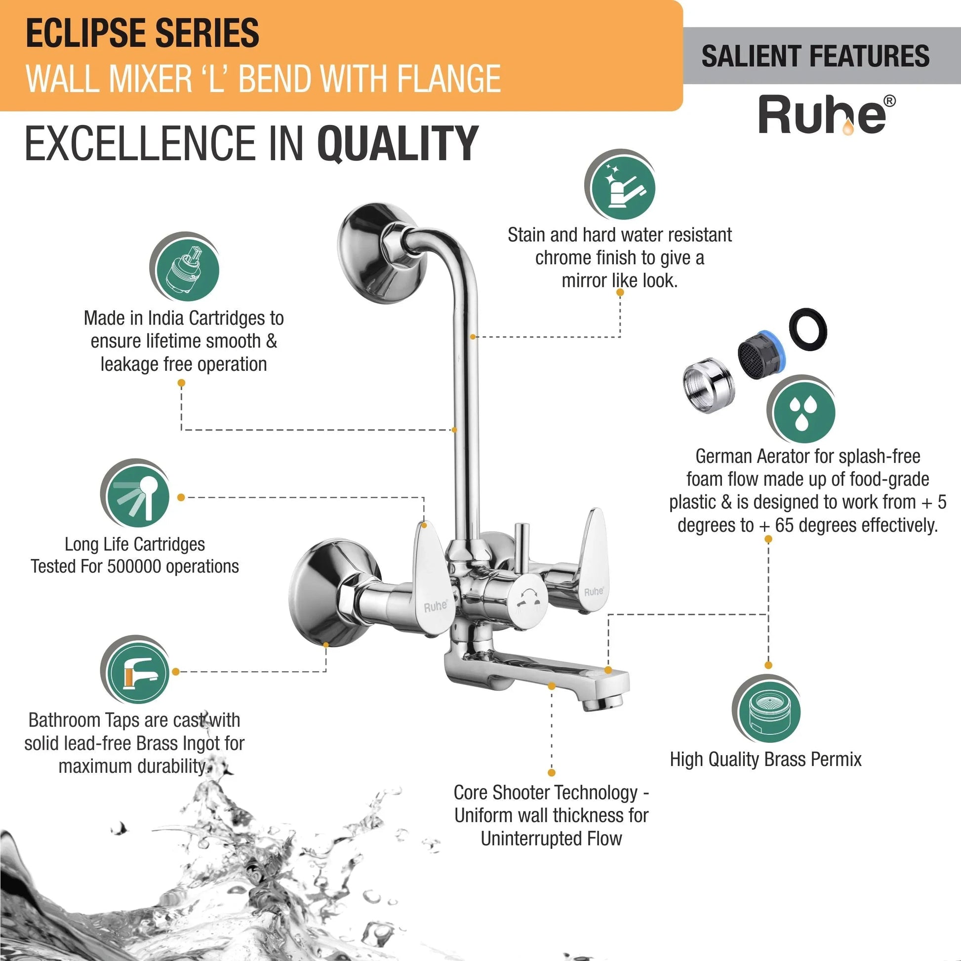Eclipse Wall Mixer Brass Faucet with L Bend features