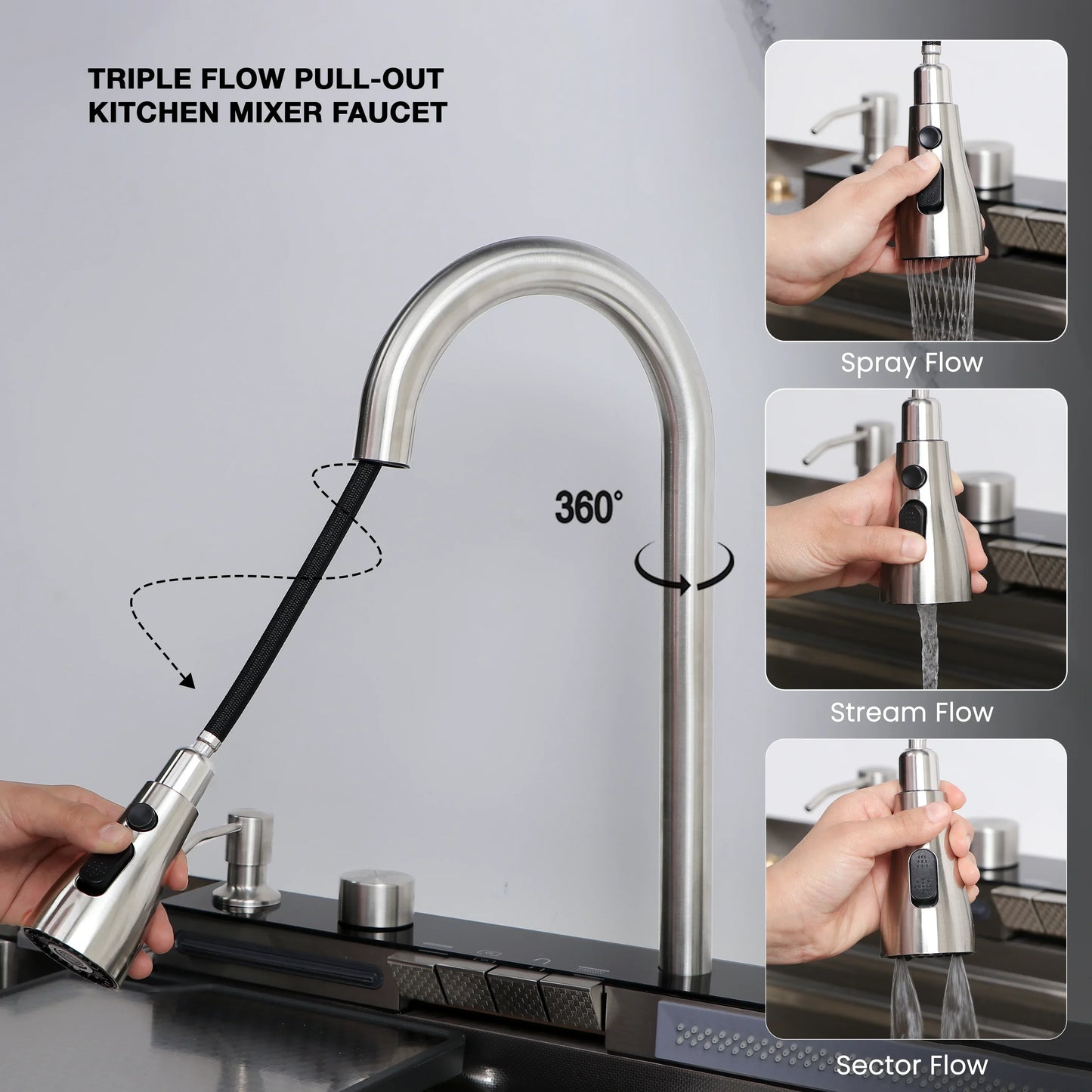 Piano Silver Smart Kitchen Sink (30 x 18 x 9 Inches) With Triple Flow Mixer