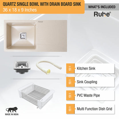 Quartz Single Bowl with Drainboard Kitchen Sink (36 x 18 x 9 Inches)