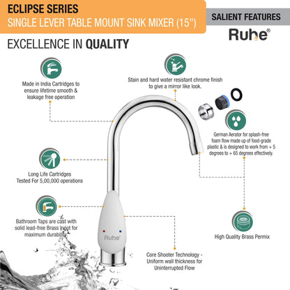 Eclipse Single Lever Table-Mount Sink Mixer with Medium (15 Inches) Round Swivel Spout Brass Faucet features