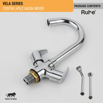 Vela Centre Hole Basin Mixer with Small (12 inches) Round Swivel Spout Faucet package content