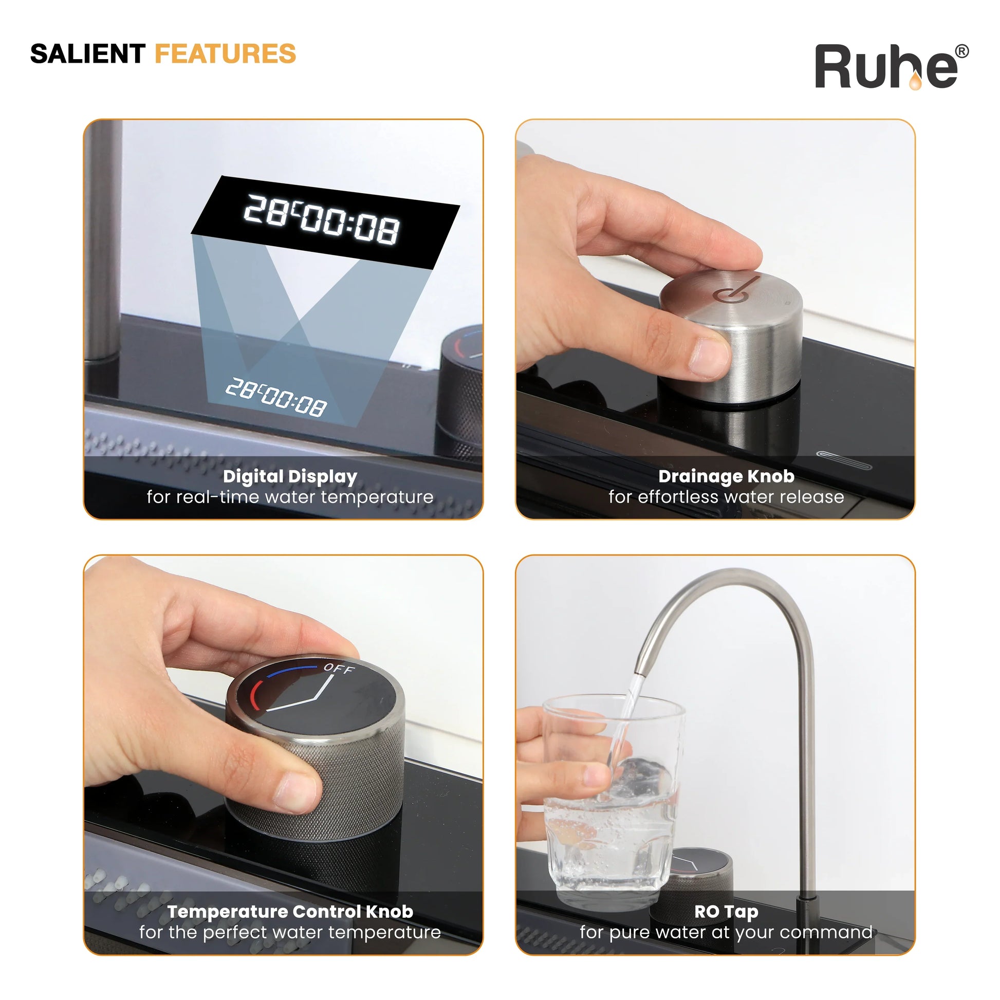 Product features of Ruhe water dispenser with digital display, drainage knob, temperature control knob, and RO tap.