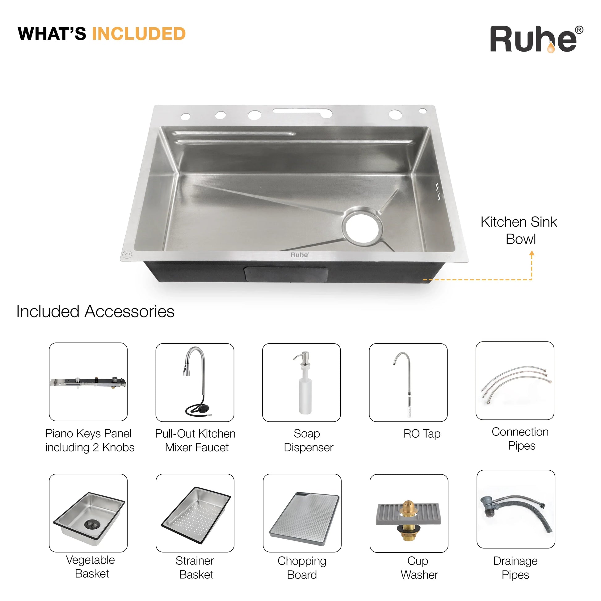 Piano Silver Smart Kitchen Sink (30 x 18 x 9 Inches) What's Included