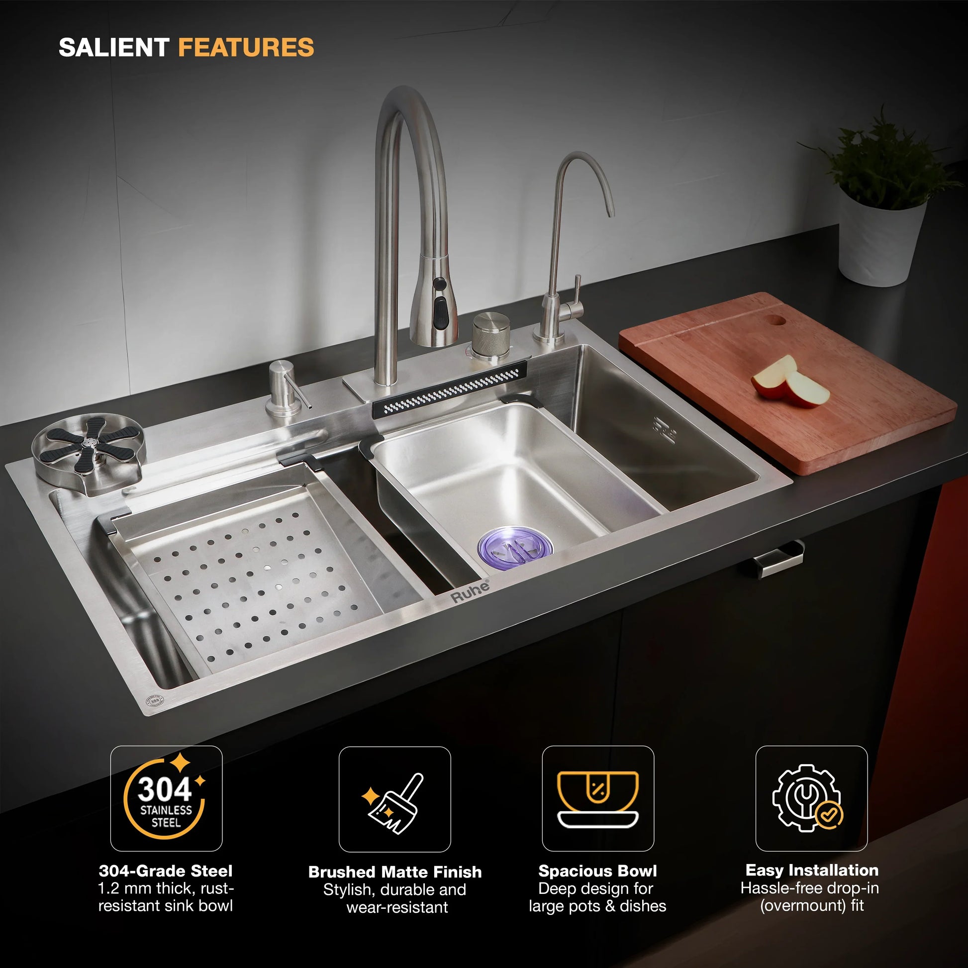 Nano Silver Smart Kitchen Sink (30 x 18 x 9 Inches) Easy to Install