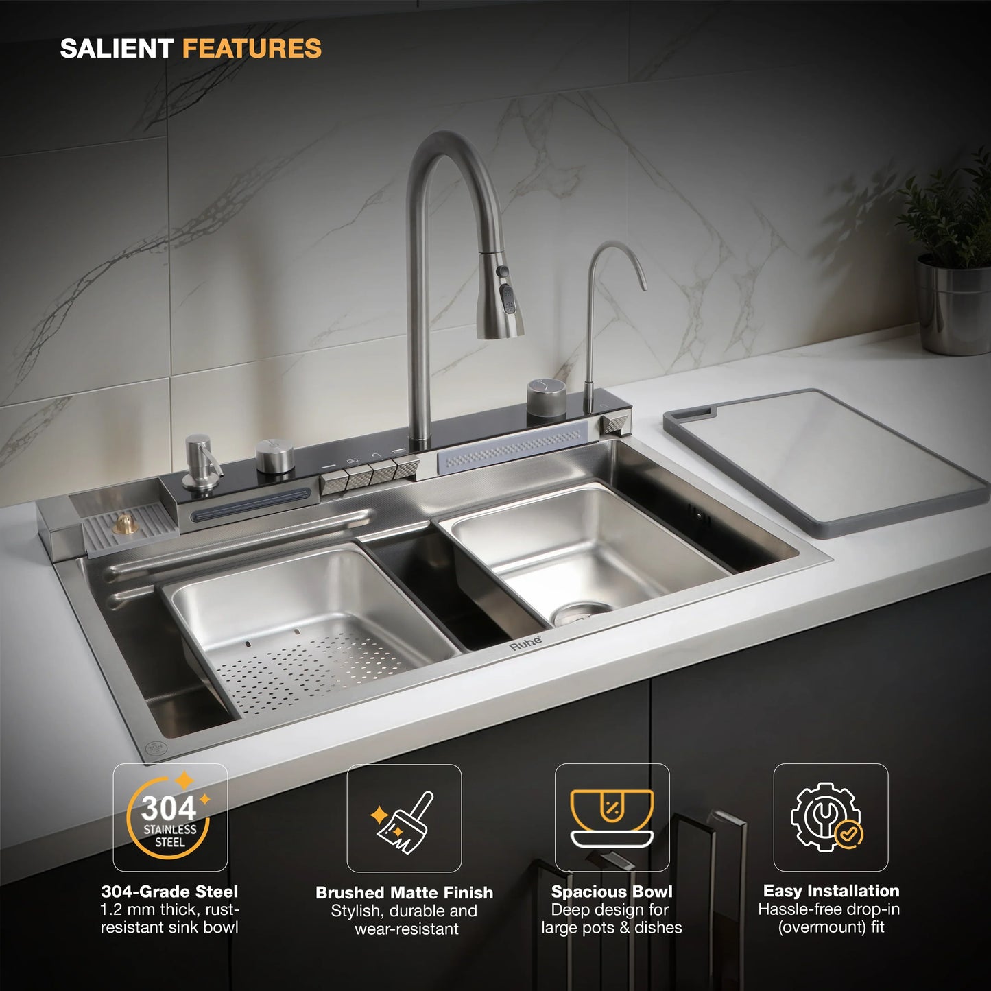 Piano Silver Smart Kitchen Sink (30 x 18 x 9 Inches) Easy to Install