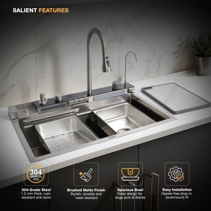 Piano Silver Smart Kitchen Sink (30 x 18 x 9 Inches) Easy to Install