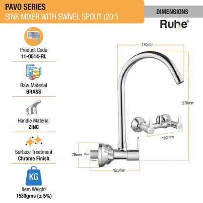 Pavo Wall Mount Kitchen Sink Mixer Tap with Swivel Spout