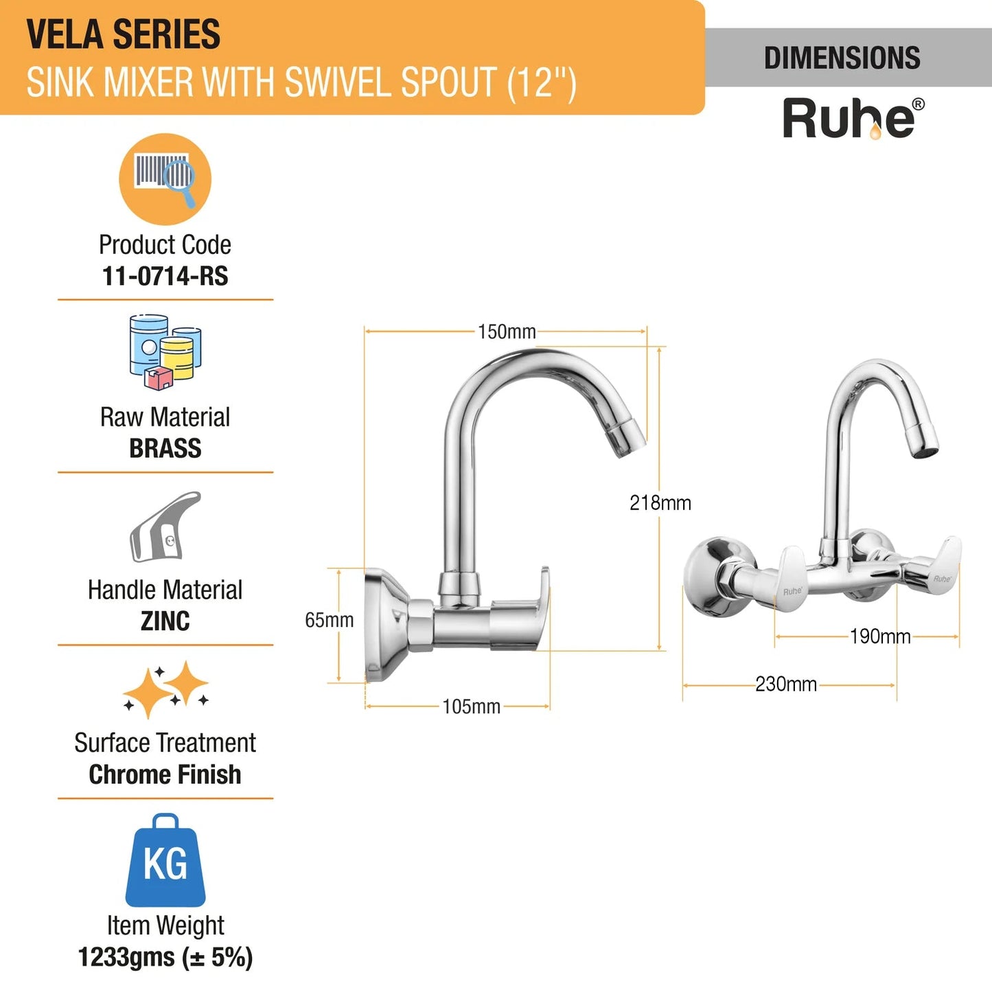 Vela Wall Mount Kitchen Sink Mixer Tap with Swivel Spout
