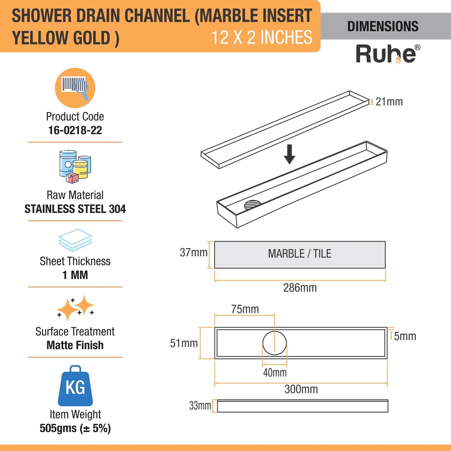Marble-Insert Shower Drain Channel Coloured (2 Inches)