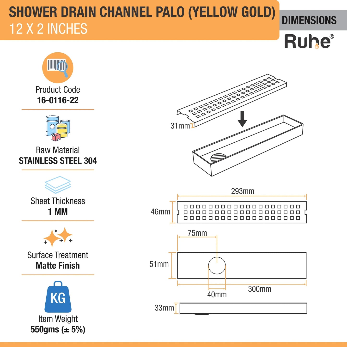 Palo Shower Drain Channel (12 x 2 Inches) with YELLOW GOLD PVD Coating - by Ruhe