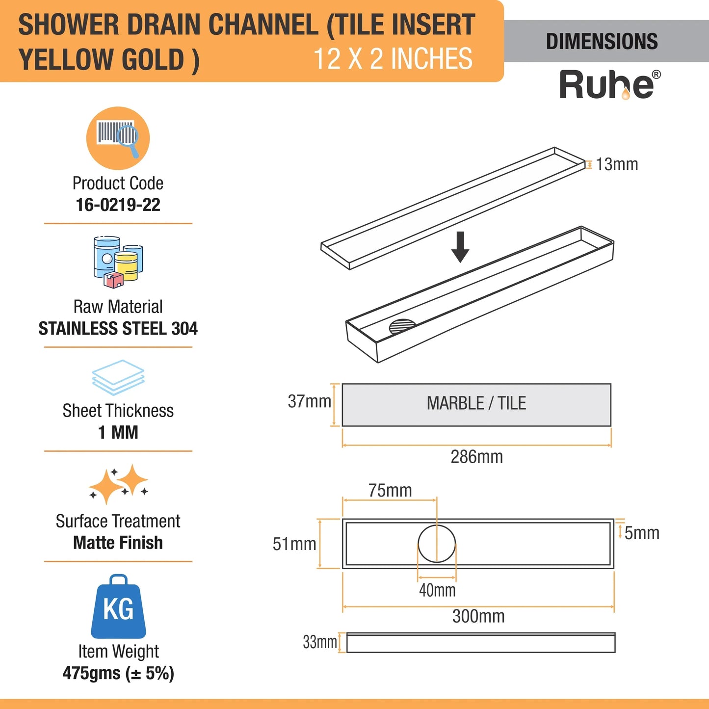 Tile-Insert Shower Drain Channel (2 Inches)