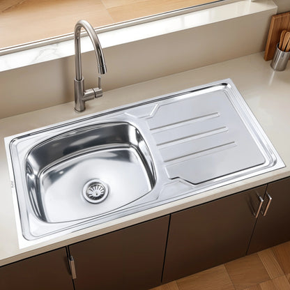 Oval Single Bowl with Drainboard Kitchen Sink (42 x 20 x 9 Inches)