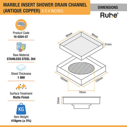 Marble-Insert Shower Drain Channel (4 x 4 Inches)