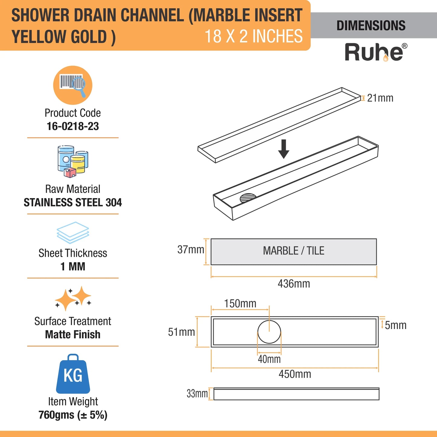 Marble-Insert Shower Drain Channel (2 Inches)