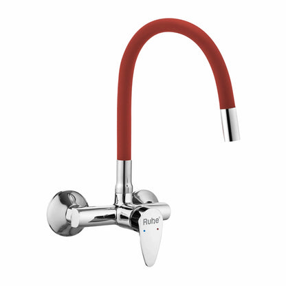 Eclipse Single Lever Wall-mount Kitchen Sink Mixer Tap with Red Silicone Spout - by Ruhe