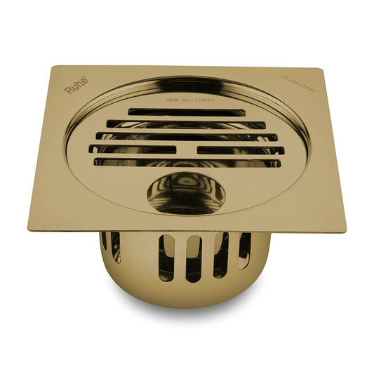 Classic Square Flat Cut Floor Drain in Yellow Gold PVD Coating (5 x 5 Inches) with Hole