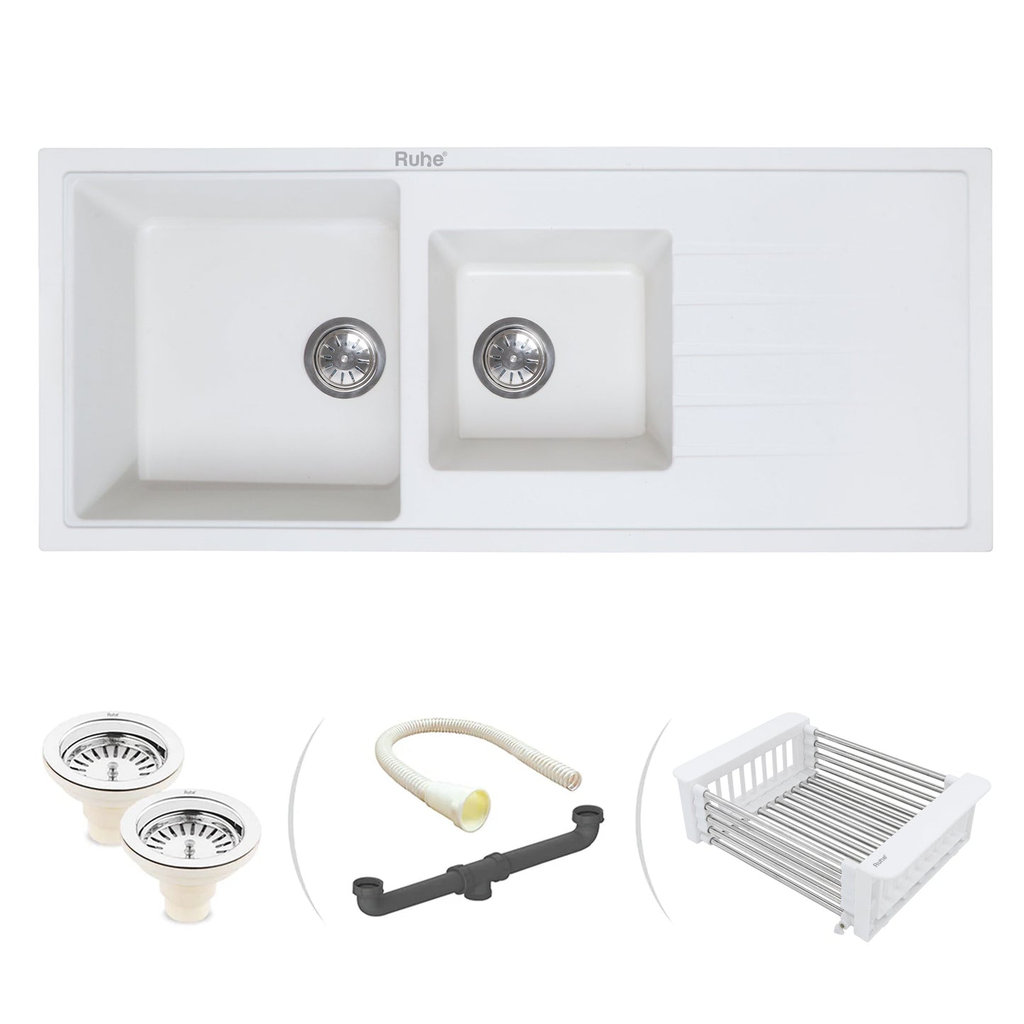 Quartz Double Bowl with Drainboard Kitchen Sink (45 x 20 x 9 inches)