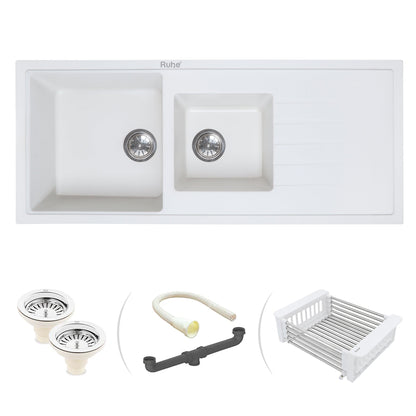 Quartz Double Bowl with Drainboard Kitchen Sink (45 x 20 x 9 inches)