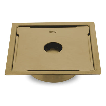 Diamond Square Flat Cut Floor Drain in Yellow Gold PVD Coating (5 x 5 Inches) with Hole